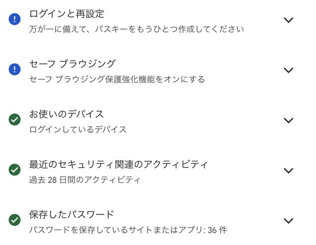 Googleのセキュリティ診断の画面。ログインと再設定、セーフブラウジングに注意の印、ほかの3項目は問題なし