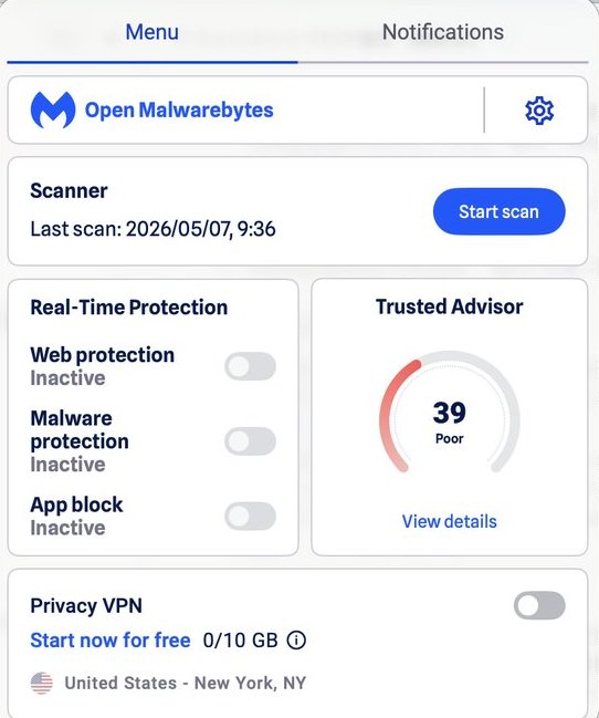 Malwarebytesの画面。前回のスキャンは2026年5月7日、リアルタイム保護はすべてオフ、目安は39点