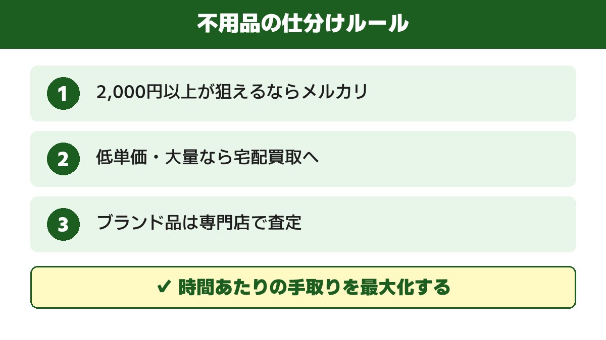 不用品の仕分けルール｜手取り500円以上はメルカリ、低単価で大量なら宅配買取